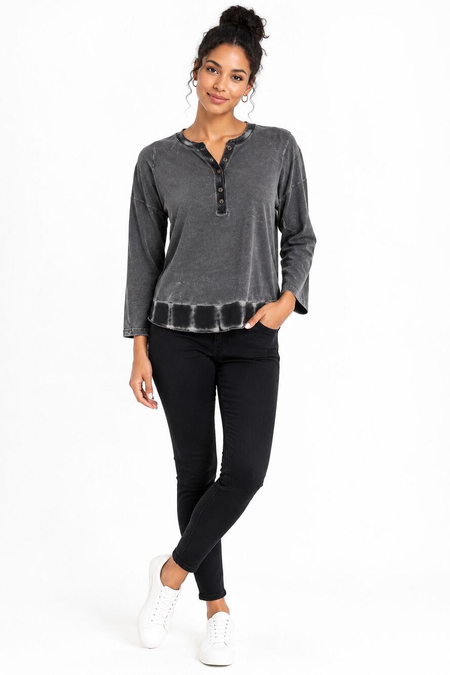 Belle by Kim Gravel Women’s Small Gray Knit Top Flannel Trim Henley NWOT